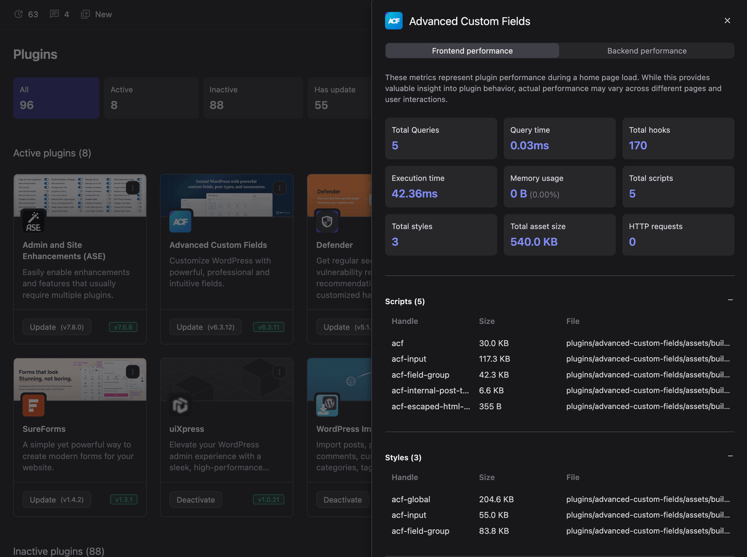 WordPress plugin management interface with performance profiling