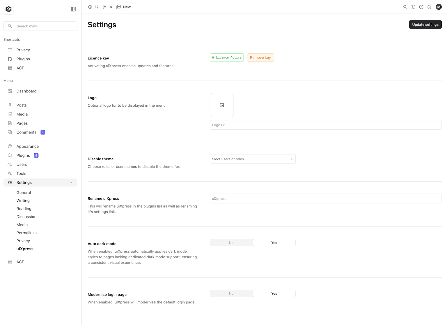 uiXpress settings page showing simple configuration options