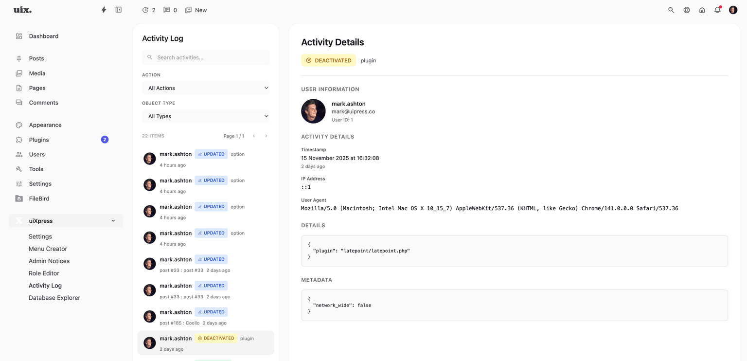 uiXpress Activity Logger showing activity list and details panel