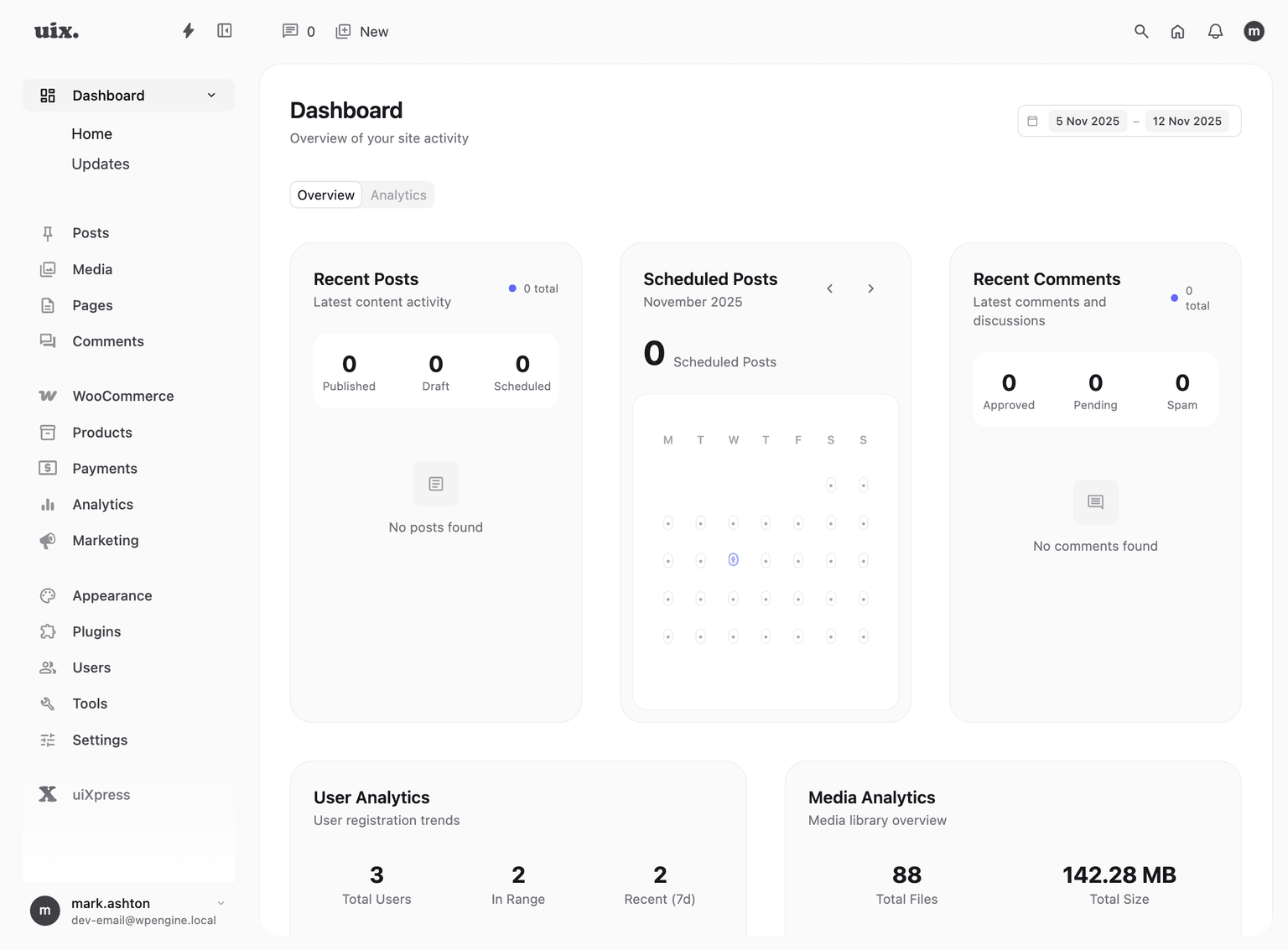 uiXpress Advanced Dashboard showing overview category with site management cards