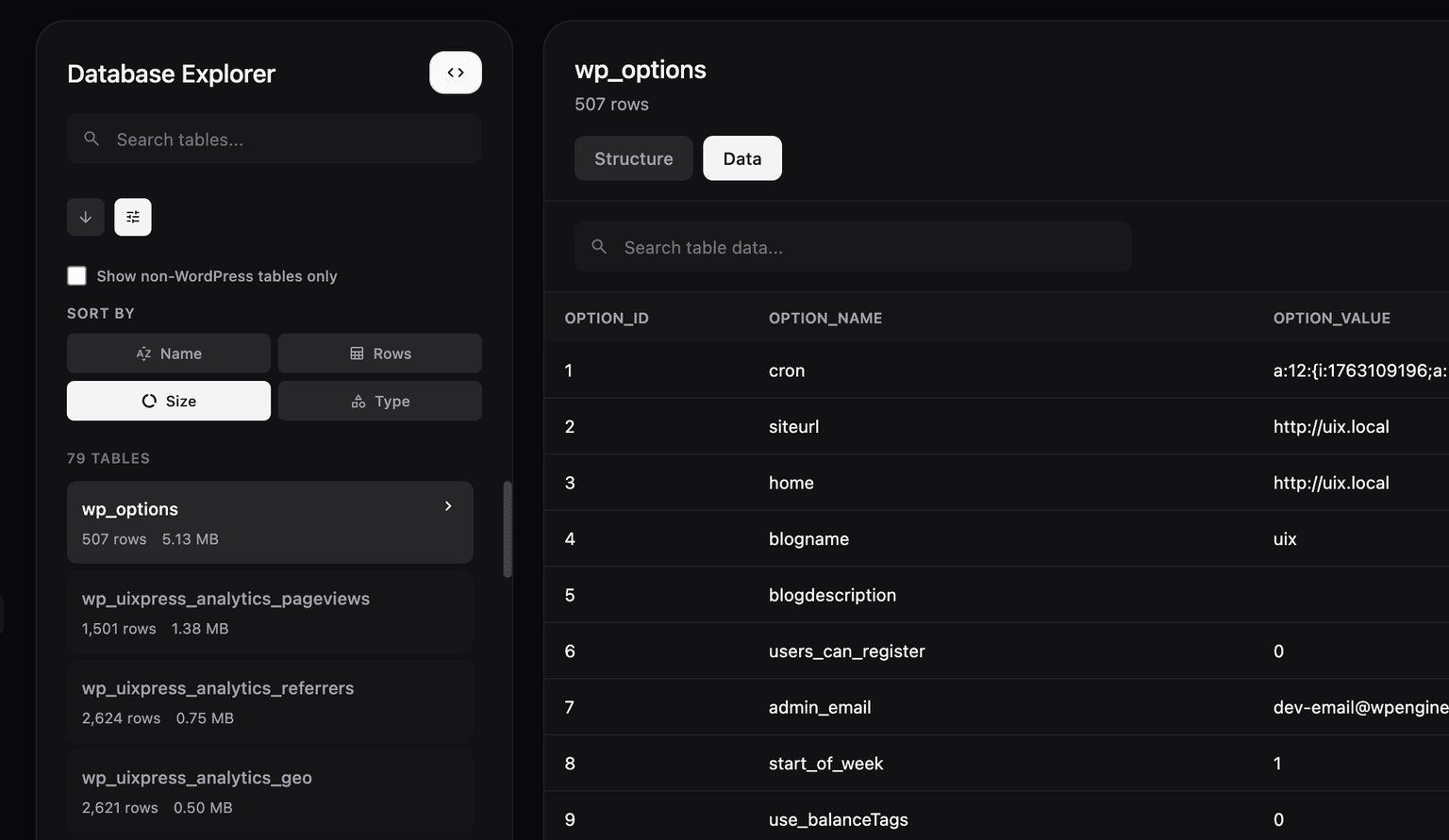 uiXpress Database Explorer showing table browser and wp_options data