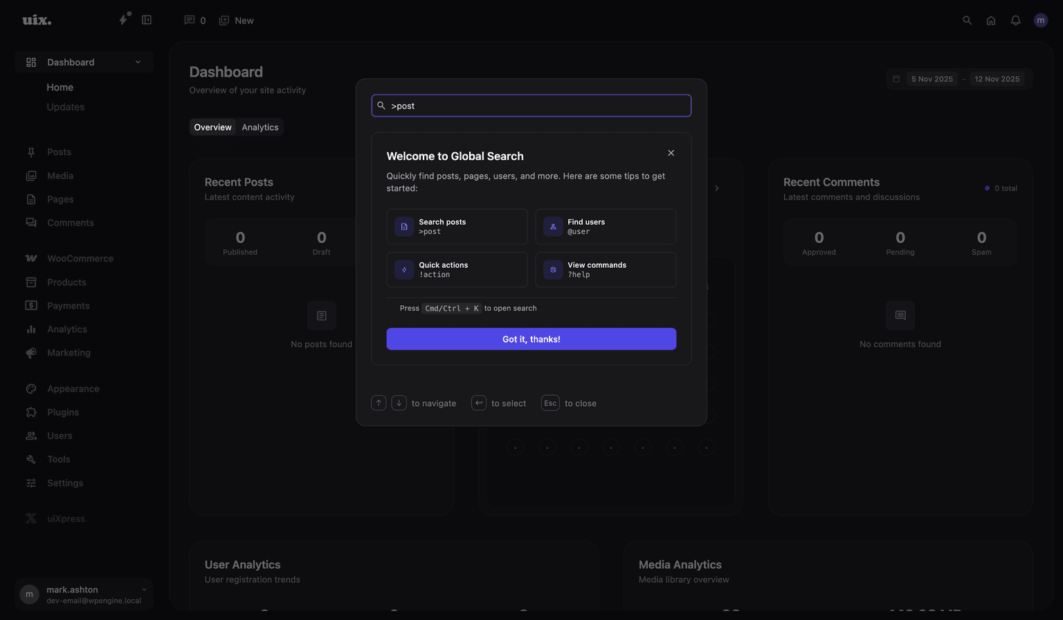 uiXpress Global Search showing command syntax examples and help