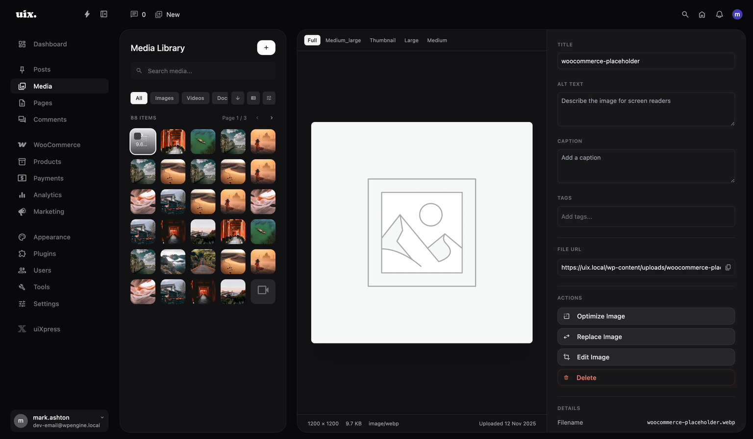 uiXpress Media Library details panel showing media information and editing options