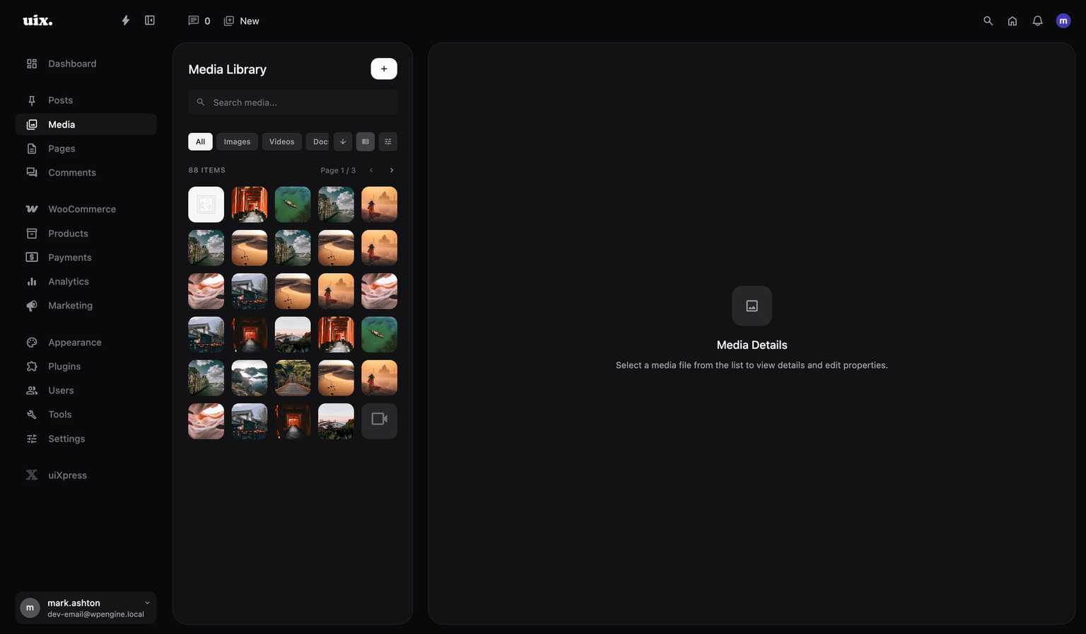 uiXpress Media Library list view showing detailed file information