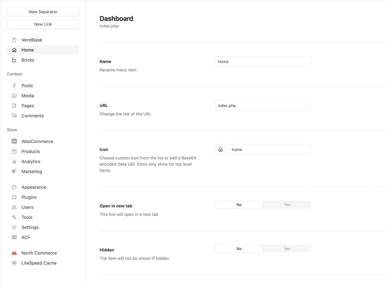Admin menu builder interface showing drag-and-drop customization