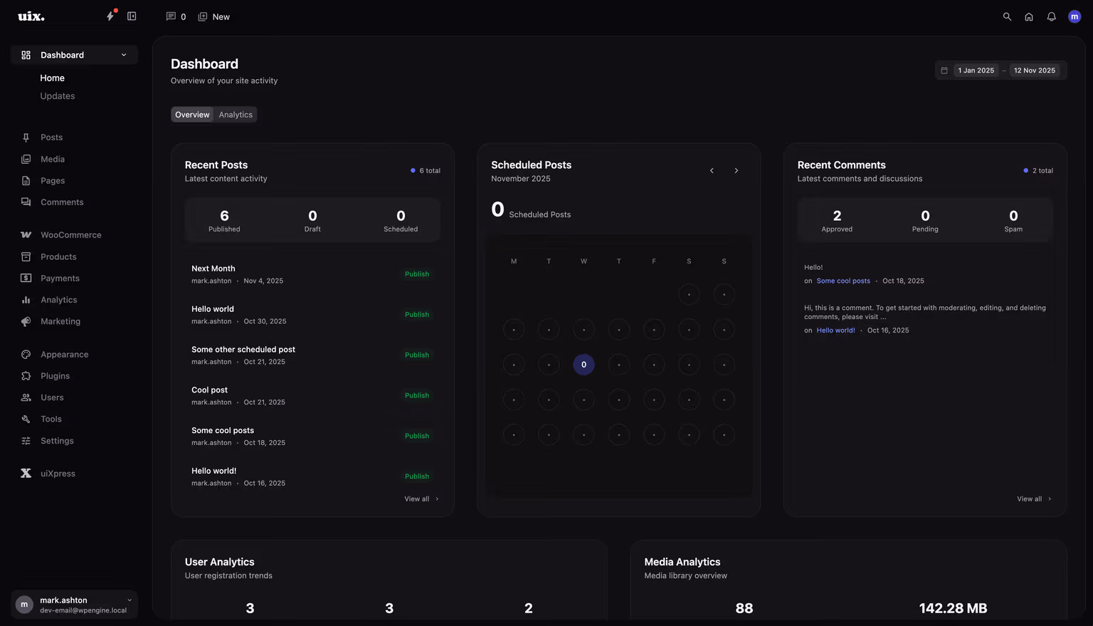 uiXpress WordPress Admin Interface showing modern dashboard design