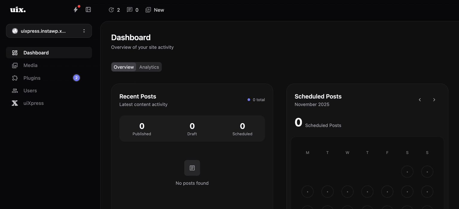 uiXpress Remote Sites switcher showing dropdown with multiple sites