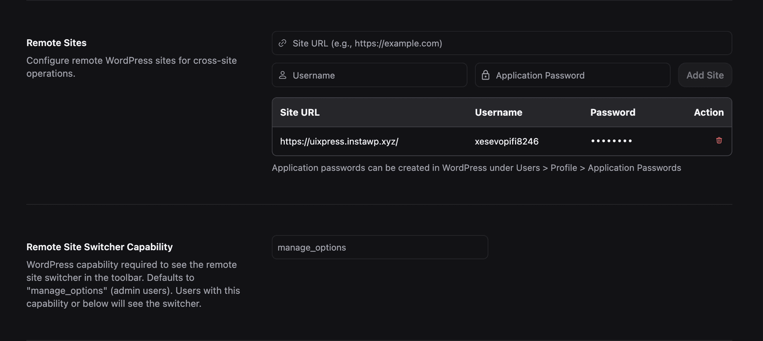 uiXpress Remote Sites configuration interface showing site settings