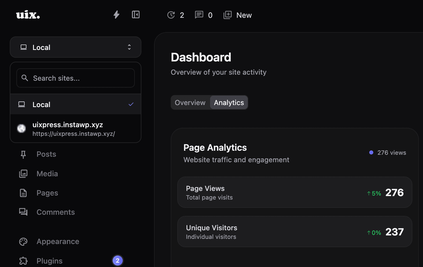 uiXpress Remote Sites showing site switcher and remote site management