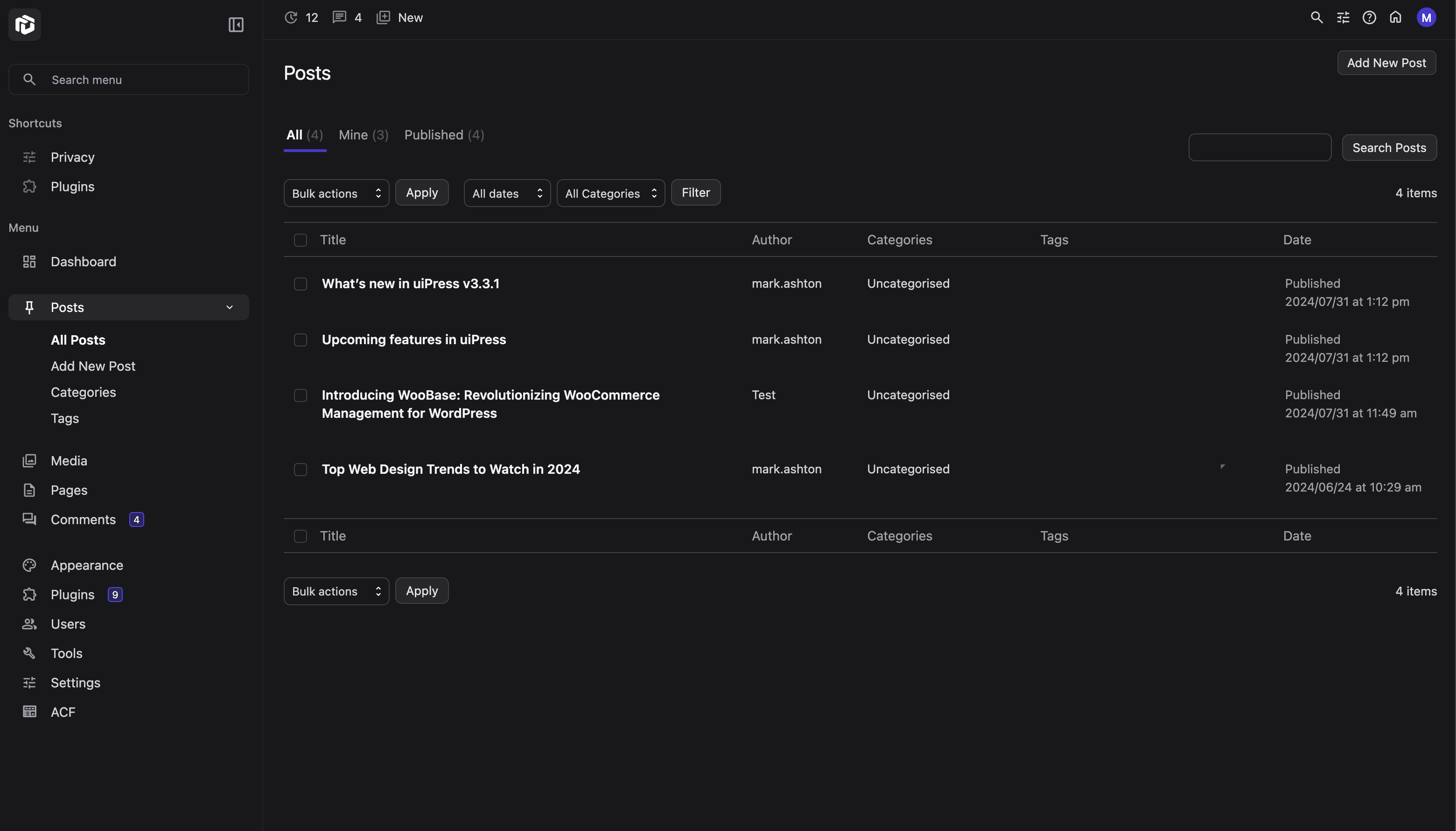 All Features | uiXpress WordPress Admin